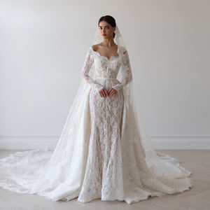 فستان زفاف وسهرة أنيق من شارون سعيد طراز SW526 بتصميم حورية البحر بدون أكتاف من الدانتيل الأبيض للنساء، فساتين حفلات وسهرات (غير متوفر في المخزون) - Product Image 1