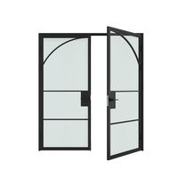 Porte battante en acier et verre au design arqué noir, cadre en fer cannelé, double porte intérieure française avec verre