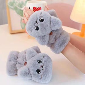 Plush Cat Gloves White Fluffy Half Finger Warm Winter Women's Gloves Ski Commuting - Product Image 4