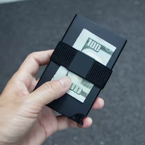 Tarjetero de tarjeta de crédito con bloqueo RFID de aleación de aluminio de expulsión automática para hombre, diseño minimalista, banda elástica, tarjeta de visita - Product Image 4