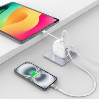 Cargador GaN de 30W con Cable Retráctil, Enchufe Plegable Mini con Cable USB-C Integrado, Ultracompacto para Viajes, para iPhone y iPad