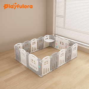 <span class=keywords><strong>Corralito</strong></span> para Niños, Diseño de Castillo con Puerta y Base de Fijación, Fácil de Montar, Plegable, Plástico Ecológico, Verde/Rosa/Gris - Product Image 1
