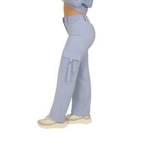 Women's Pants Sky Blue High Waist Cargo Wide Leg <b>Trousers</b> With Side Pockets And <b>Drawstrings</b> For Casual Wear - Product Image 2