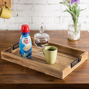 Plateau de service en bois massif avec poignée en métal, style vintage, plateau de petit-déjeuner en bois pour le thé, le café, usage hôtelier - Product Image 1