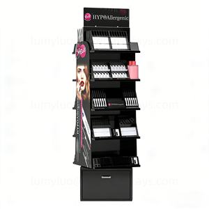 Professional Double-<b>Sided</b> Spinning Cosmetic Store Display Stand with Mirror & Storage <b>Drawers</b> Metal Floor Makeup Racks - Product Image 3
