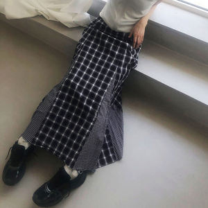 Jupe longue patchwork à carreaux style vintage américain pour femme, taille basse, coupe ajustée, style preppy, tenue décontractée d'automne - Product Image 3