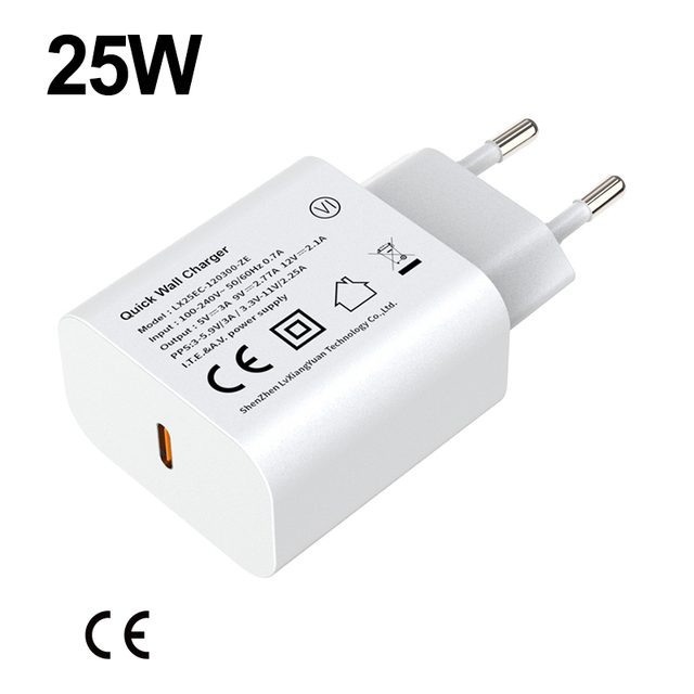 EU Plug 25W USB C Type-C Charger Super Fast Charging 14P Home Charger for iPhone & Samsung CE Approved with PD 3.0 Function