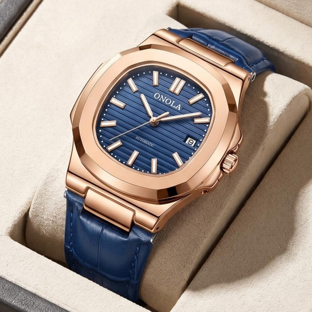 ONOLA 3853 High Quality Mechanical Men's Luxury Automatic Watch Leather Strap Glass Pointer Luminous Business Style Waterproof