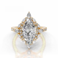 Bague Solitaire Halo Sunburst en Argent Sterling 925 Plaqué Or 14 carats avec Moissanite 3 carats Taille Marquise Couleur D VVS1 Effet Givré, Collection Joaillerie Fine