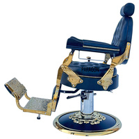 Fauteuil de Barbier Vintage de Luxe avec Cadre Doré, en Cuir PU Bleu, Inclinable, pour Hommes, Salon de Coiffure