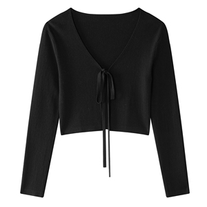 <span class=keywords><strong>Cardigan</strong></span> Corto da Donna in Misto Seta Tencel Premium, Maglia a Costine Rinfrescante con Scollo a V e Fiocco Annodabile, Ideale per l'Estate - Vendita all'Ingrosso - Product Image 4