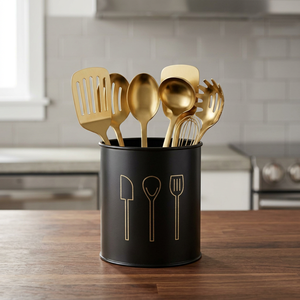 Porte-ustensiles cylindrique noir avec icônes dorées pour couverts – Support de rangement minimaliste pour cuillères, spatules et fourchettes - Product Image 6