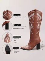 Bottines de cow-girl pour femmes, automne-hiver, à enfiler, avec broderie, bout pointu, talon épais augmentant la taille, style western, hauteur genou