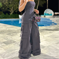 Combinaison d'été à logo personnalisé de couleur unie, sans manches, à jambes larges, avec licou ample cargo Street wear combinaison cargo pour femmes