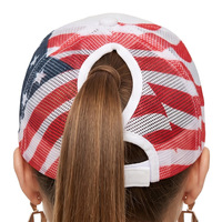 Gorra de béisbol de nuevo estilo, lavada y desgastada, con bandera americana y estrella de cinco puntas, para mujer, con diseño curvo para cola de caballo alta, para comercio transfronterizo.