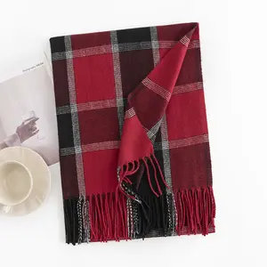 Оптовая продажа, шали из пашмины с логотипом на заказ, женские зимние теплые клетчатые шарфы с кисточками для женщин