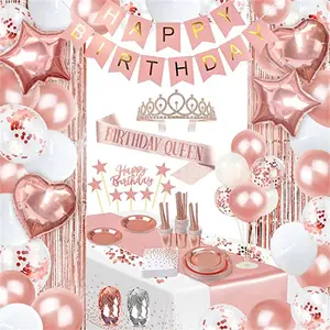 로즈 골드 크라운 소녀 파티 장식 용품 배너 색종이 생일 풍선 도매 생일 파티 용품