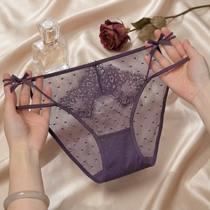 Culottes en dentelle à pois pour femmes, avec double lanière fine et détail nœud, taille basse, sous-vêtements féminins sexy transparents, vente en gros - Product Image 2