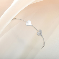 Pulsera de Plata de Ley 925 con Dos Corazones, Circonita Cúbica Pavé, Dije de Corazón Liso, Cadena de Cable Ajustable, Joyería para Mujer