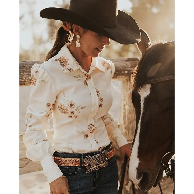Women arena shirt 100%linen floral printing long sleeve spring breathable ladies linen long sleeve western arena shirt
