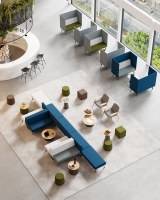 Tabouret double Island 2.0 B avec panneau en bois de poirier, assise en tissu QW-110, texture sable, structure métallique grise pour hall d'accueil commercial