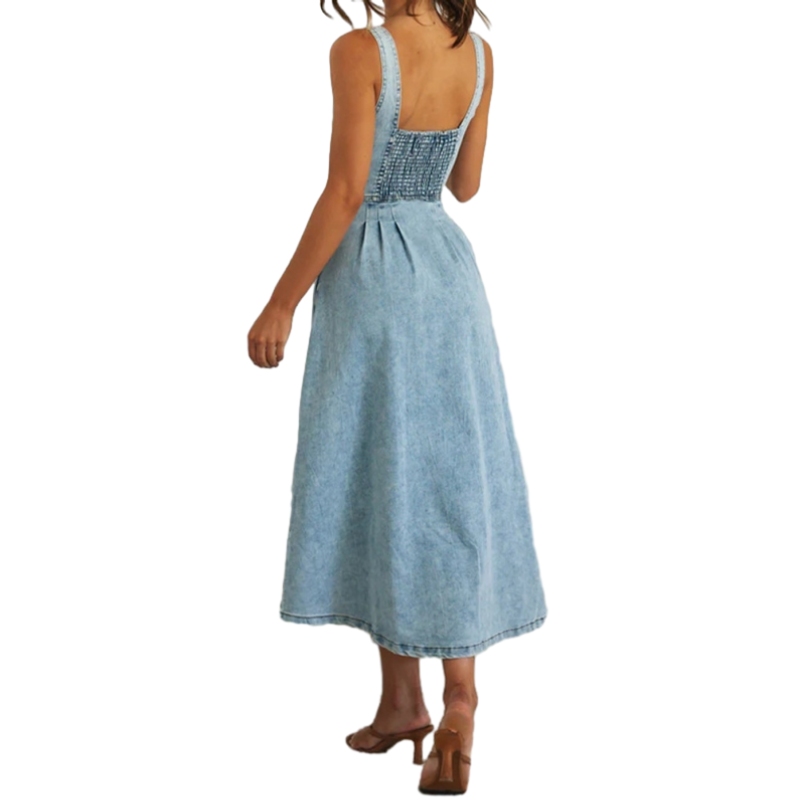 Retro Spaghetti Straps Sleeveless Casual Style Button Denim Maxi Dress for  Women Sehe Fashion| Alibaba.com