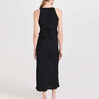 Fabricants de vêtements – Nouveauté : Robe midi en mousseline noire, coupe crop top, col à revers, ourlet pointu, style halter, tissée unie, idéale printemps-été-automne