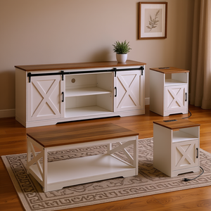 Ensemble de salon style ferme avec meuble TV 66 pouces, 2 tables d'appoint et table basse de rangement en bois, modèle D0100X32F6T - Product Image 2