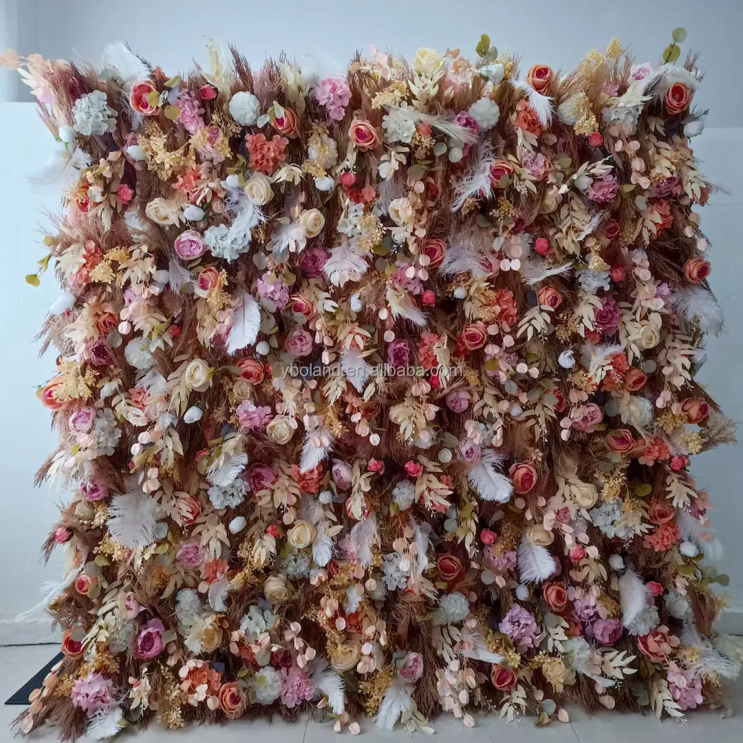 S08 decoração para backdrop de casamento, tapete de parede de flores de tecido 3d artificial de seda, penas, parede de flores de grama, pampas