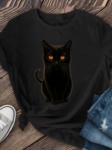 T-<span class=keywords><strong>shirt</strong></span> décontracté à manches courtes et col rond pour <span class=keywords><strong>femme</strong></span>, <span class=keywords><strong>motif</strong></span> <span class=keywords><strong>chat</strong></span> noir mignon style hip-hop, anti-plis et respirant, idéal pour les amoureux des chats - Product Image 3