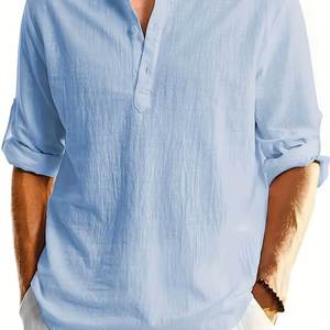 เสื้อเชิ้ตผู้ชายแขนยาวผ้าฝ้ายลินินทรงหลวมสไตล์ลำลอง คอตั้ง สีพื้น ระบายอากาศได้ดี ไซส์ใหญ่ ใส่สบายๆ - Product Image 6