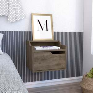 Mesita de Noche Flotante Moderna con un Cajón, Madera Oscura, Estante Superior de Dos Niveles, Unidad de Almacenamiento, Mesa Auxiliar de Pared para Dormitorio - Product Image 1