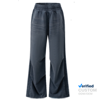 Celana Sweatpants Acid Wash Kaki Lebar Grosir Custom, Streetwear Pinggang Tinggi Bergaris Oversize