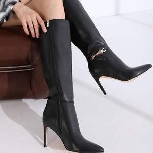 Sepatu bot tinggi lutut kustom sepatu bot tinggi Stiletto ujung lancip wanita sepatu bot panjang hak tinggi seksi sepatu mode dengan ritsleting samping - Product Image 5