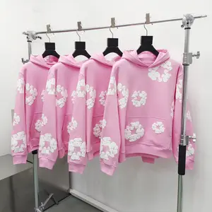 Alta calidad 420gsm Denim puff Print Pink hoodies conjunto de hombres chándales 100% algodón sudadera streetwear peso pesado personalizado con capucha