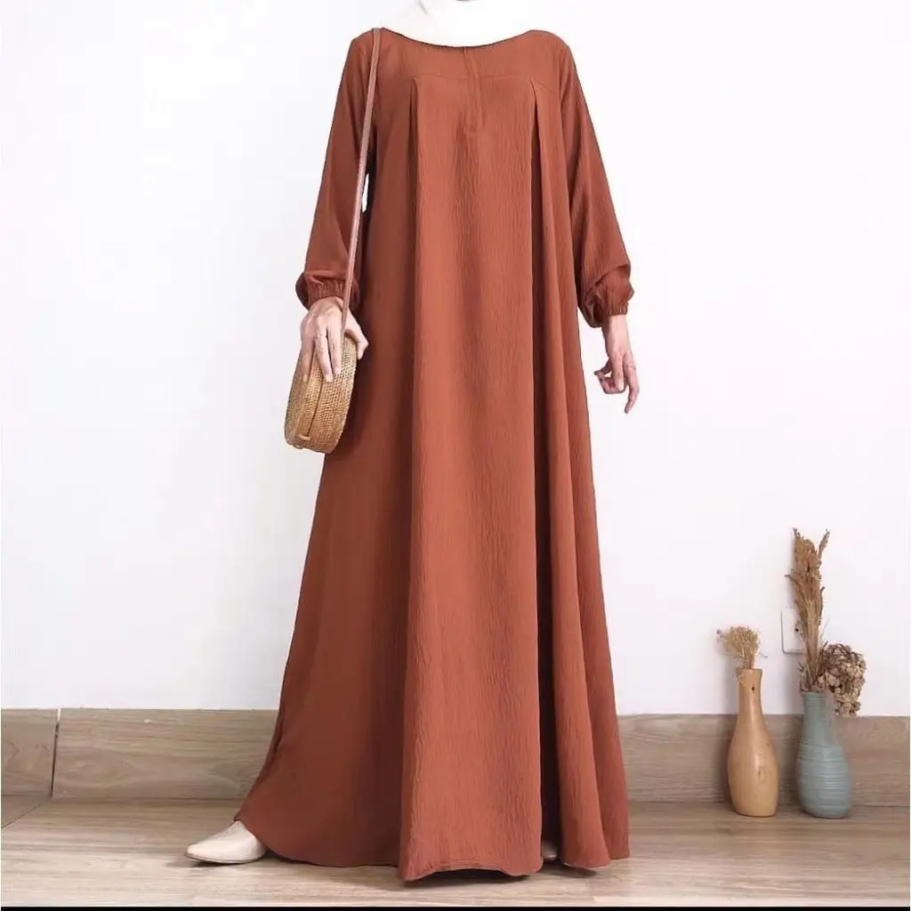 Muslim Women's Middle East Women's breathable Solid Color Zipper Pullover Long Sleeve Skirt Abaya Round Neck Loose Long Dresses