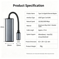 Adaptador Gigabit Ethernet Plug and Play, USB-C a RJ45 1000Mbps, Dongle LAN con Cable Trenzado de Aluminio para MacBook, PC, Windows, MacOS, Linux