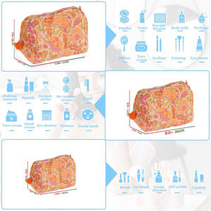 Trousse de Maquillage Textile Bohème Florale Grande et Moyenne avec Fermeture Éclair et Pompon, Pliable et Portable, Ensemble de Sacs Cosmétiques - Product Image 6