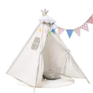 Вигвам для детей, палатка для игр в помещении и на улице, белый холщовый вигвам с деревянным полюсом