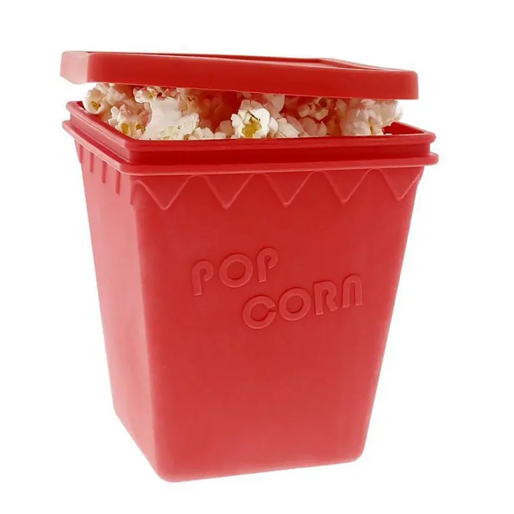 चौकोर आकार सिलिकॉन खाद्य पॉपकॉर्न निर्माता कप ढक्कन के साथ बॉक्स बाल्टी कटोरा