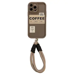 Coffee English Label 13 promax Phone Case i15 Retro 11 Suitable 14 Hand Strap 12