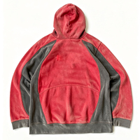 Hoodie Raglan Épais Bicolore Rouge et Gris avec Panneau Contrastant et Poche Kangourou, Lavage Vintage, Style Streetwear