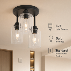 Lámpara de techo moderna de 3 bombillas, de montaje semiempotrado, de hierro negro con cristal transparente, para sala de estar, dormitorio, comedor, pasillo - Product Image 4