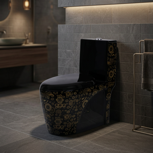 WC monobloc en céramique, design moderne, blanc et noir, à poser au sol, à double chasse siphonique - Product Image 5
