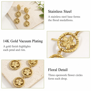 Pendientes Colgantes con Medallón Floral de Acero Inoxidable, Chapados al Vacío en Oro de 14K, con Tres Flores en Forma de Círculo, 42mm - Product Image 4