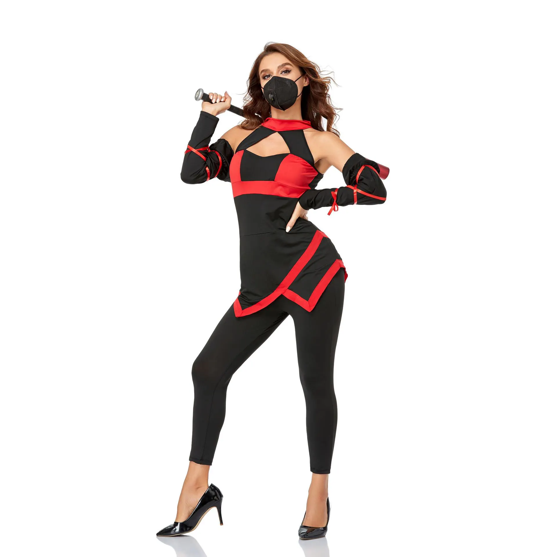 Disfraz Sexy de Ninja para Mujer, Conjunto de Asesino de Ninja Negro, 3 Piezas