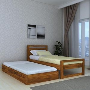 Premium <b>Solid</b> Sheesham <b>Wood</b> <b>Single</b> <b>Bed</b> with Pull-Out Trundle <b>Bed</b>, Natural Honey Walnut Finish Wooden <b>Bed</b> bulk price collection - Product Image 1