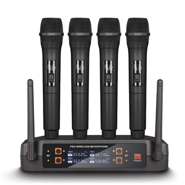4 Channel UHF Wireless Microphone System Metal Handheld Built In Battery Singing Home Karaoke KTV Live Stream Noise Reduction