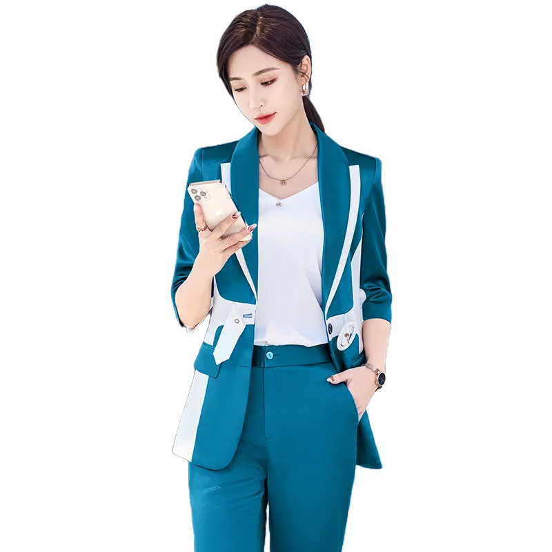 Wholesale 2 Pieces pant Set Suits Fashion Formal Office Ladies Work Wear for Women's Business Female Patchwork Blazer outfit