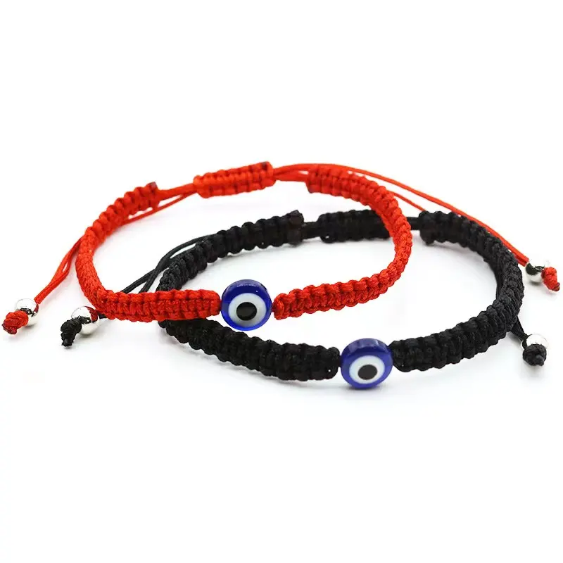 Tortue de mer deux perles rondes, yeux bleus, corde rouge tressée, bracelet réglable, bracelet porte-bonheur en corde rouge